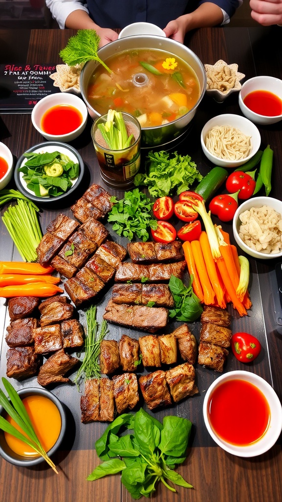 A table set with Vietnamese Seven Course Beef, including grilled beef skewers, fresh salad, and beef hotpot.
